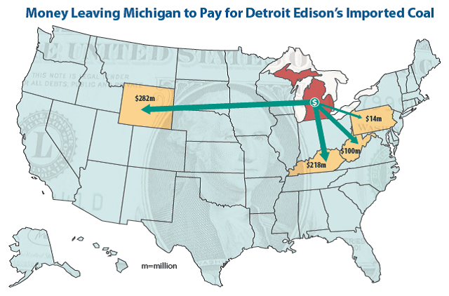 Map of Money Leaving Michigan to Pay for Detroit Edison's Imported Coal