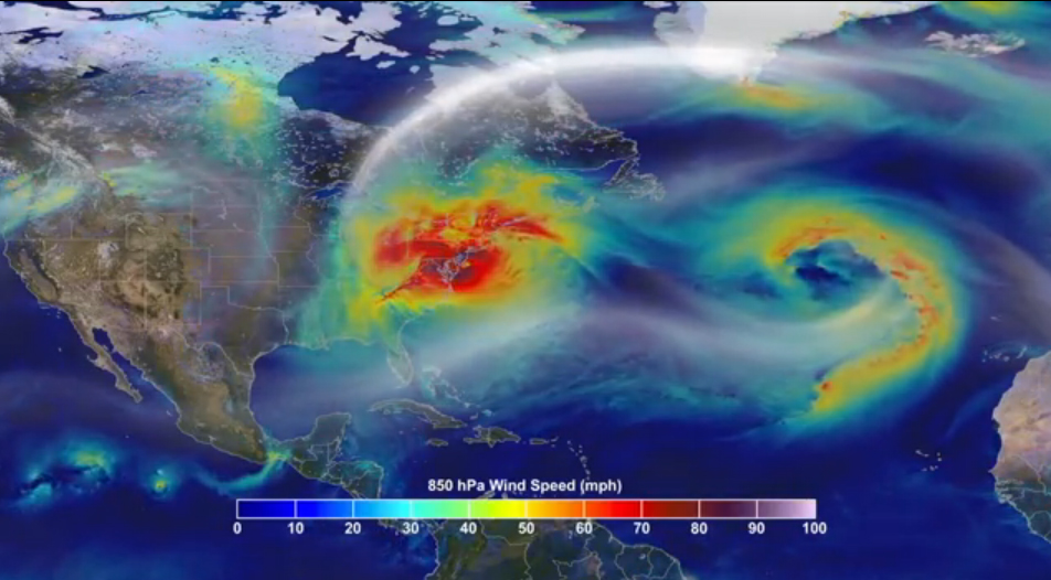 The uncharacteristic north-westerly path of Hurricane Sandy was influenced by a blocking ridge that developed from an unusual jet stream pattern. Source: NASA