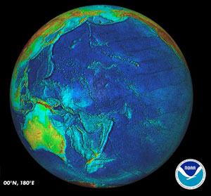View of Earth from the perspective of the Pacific Ocean centered at the equator and the 180 degrees East longitude. Image Credit: National Geophysical Data Center of the National Oceanic and Atmospheric Administration (NOAA).