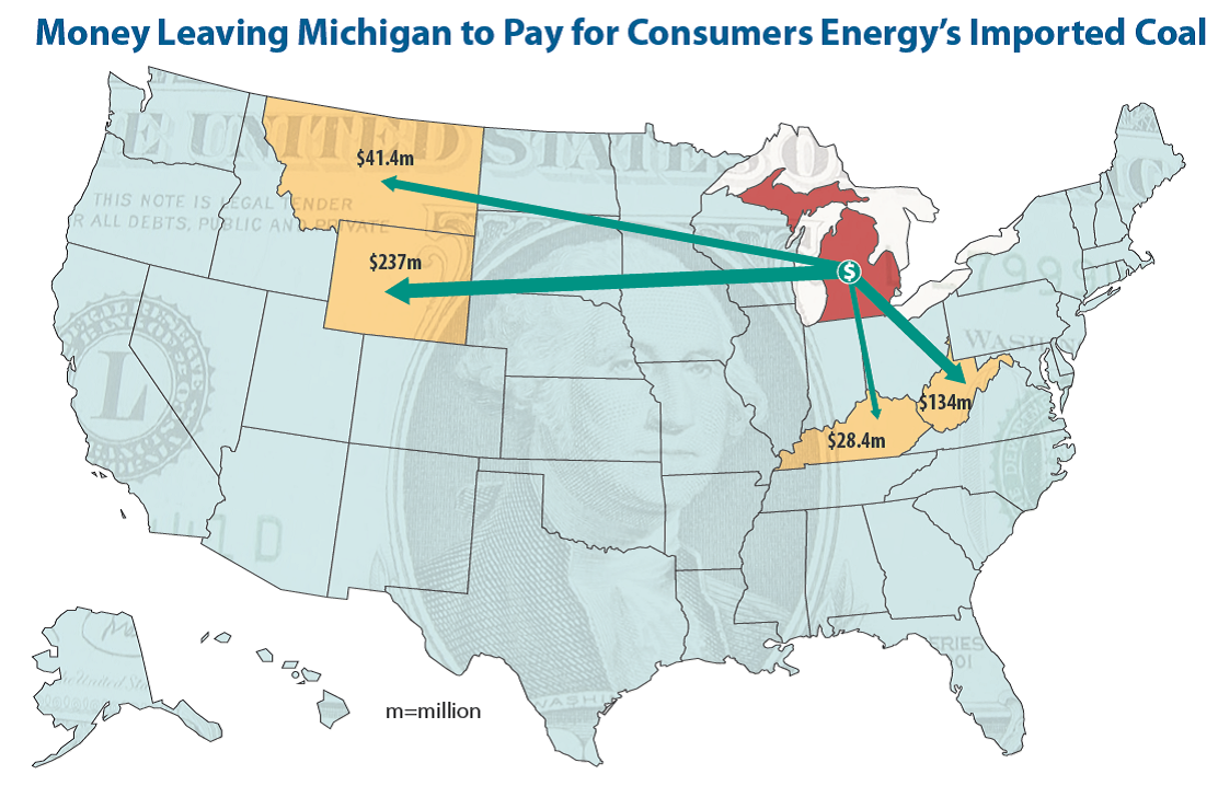 Map of Money Leaving Michigan to Pay for Consumers Energy's Imported Coal