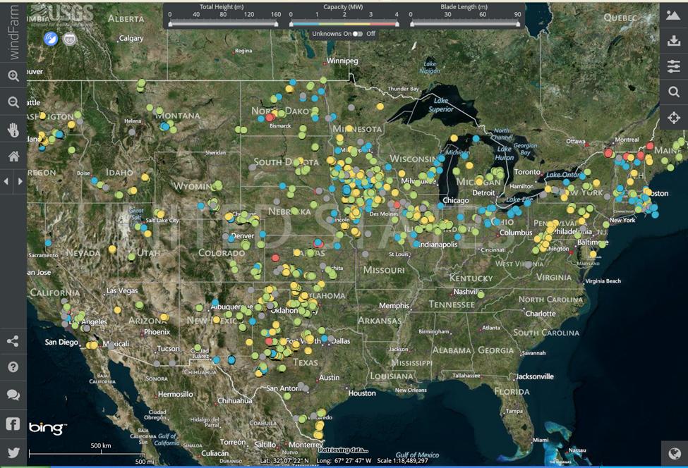 47,000 wind turbines, and counting - A screenshot from USGS WindFarm