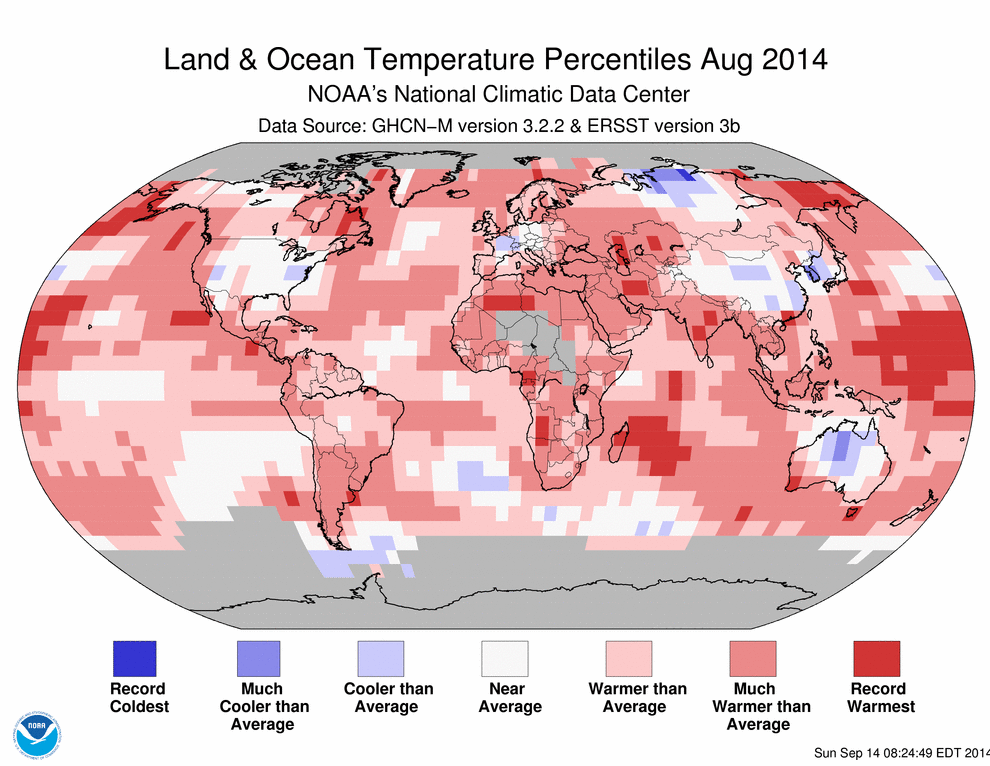 Large parts of the Pacific and Indian Ocean temperatures were at their record warmest in August 2014. Image: NOAA