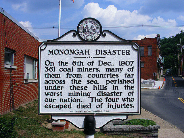 Historical Marker noting the 1907 mining disaster in Monongah, WV that claimed the lives of over 360 men.