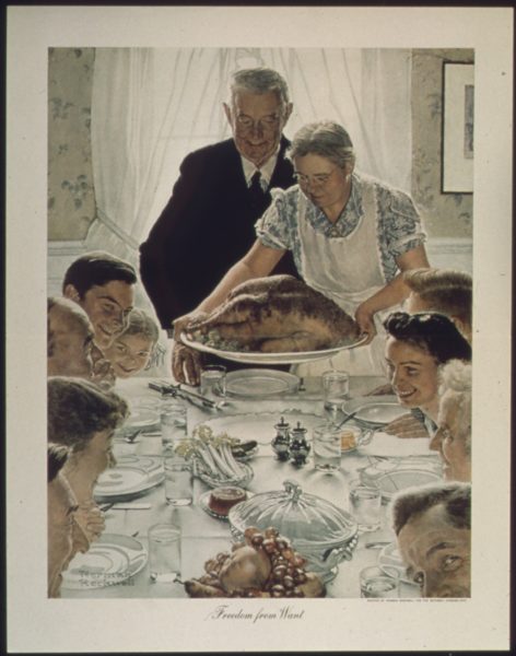 Some people love it; others dread it, but make no mistake: Thanksgiving is as American as apple pie and it’s one of the few chances we have to come together as families. (Norman Rockwell's Freedom from Want, via Wikipedia.)