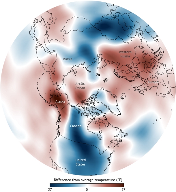 Air temperatures (1000mb) for January 5-7, 2014, relative to the 1981-2010 average. Image: NOAA Climate.gov, based on NCEP Reanalysis data 