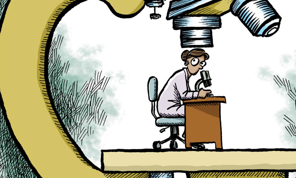 Cartoon image of scientist being examined by huge microscope