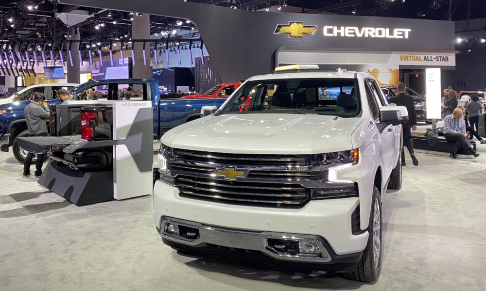 A white Chevrolet pick up truck at the L.A. auto show