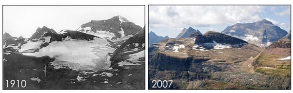 Two photos of Boulder Glacier in Glacier National Park, taken from the same vantage point. The left-hand photo was taken in 1910. The right-hand photo, from 2007, shows the glacier greatly diminished.