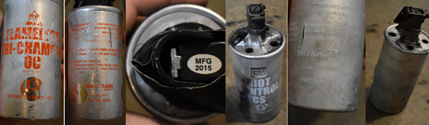 Images of silver chemical weapons items on backgrounds of garage concrete. Each photo is up close and shows a worn items with colored writing that is rubbed partially off. From the left: Three images of a grenade with orange writing. The front says TD Flameless TRI-CHAMBER OC, patent pending, D Defense Technology. Back says stuff about how its to be used and other warnings that are not fully legible but sound rather ominous. At the bottom is THE Safariland Group Casper WY Part No 1030. The third image is the top of the grenade, it’s wrapped in black tape but the head of the grenade is visible, where a sticker with white background black letters says MFG 2015. A bit of the grenade is visible around it. The from middle to right: Three images of a grenade with white/black writing. The front says CM Riot Control CS By D Defense Technology. The back shows white writing that is hard to read that says warnings about use and safety concerns, which is split apart by the break in the grenade itself that runs vertically for a few inches and breaks open the grenade. The final image is zoomed further out like the front image, but shows the side bulge clearly. 