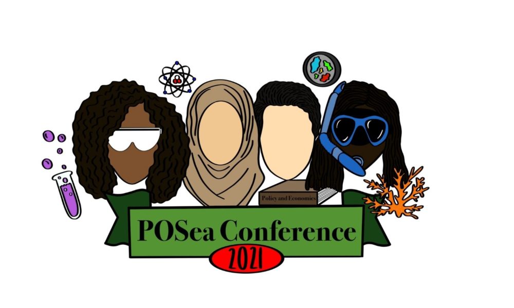 This the logo for the POSea conference, featuring a group of Black and Brown faces, one wearing a hijab, in various scientific gear, including a snorkel and protective glasses