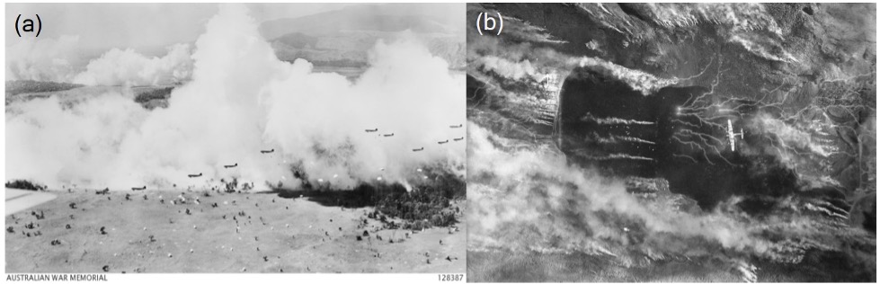 Two black and white photos of planes from World War II. The photos are taken from far away and clouds of smoke are visible.  