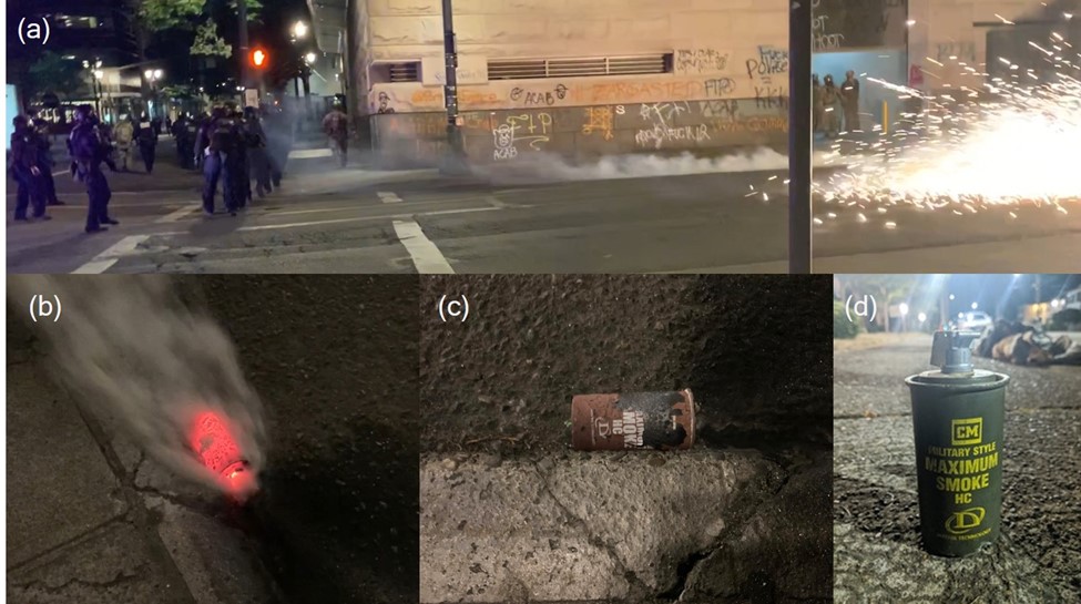 This is a series of 4 images. The first image shows Department of Homeland Security officers on the left with a plume of smoke billowing along the right. They are standing at a street intersection. The bottom three images are close-ups of HC canisters on pavement, the first two have been used and are charred.  
