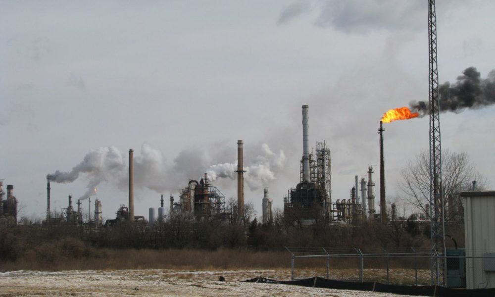 A refinery in Delaware City is shown with one of its vents blasting fire