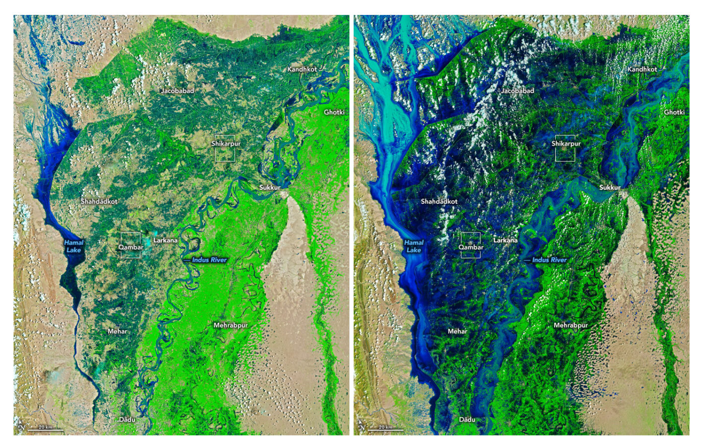 Side-by-side Nasa images of Pakistan showing the extent of flooding in August.
