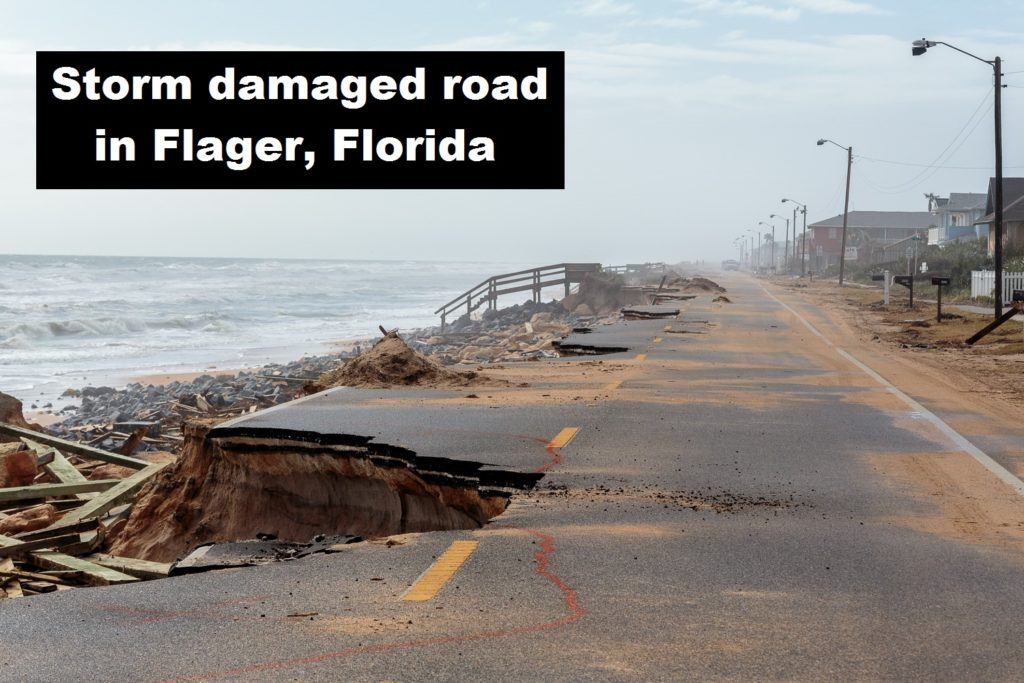 Flagler, FL, USA-- Damage to roadway in Flaglar County following Hurricane Matthew. FEMA, state and local officials continue damage assessments along Florida eastern coast.