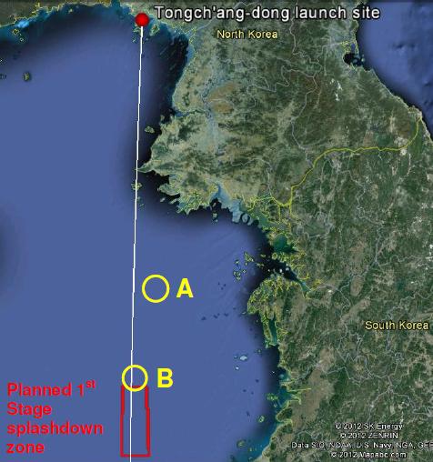 Possible splashdown points for NK April 2012 launch