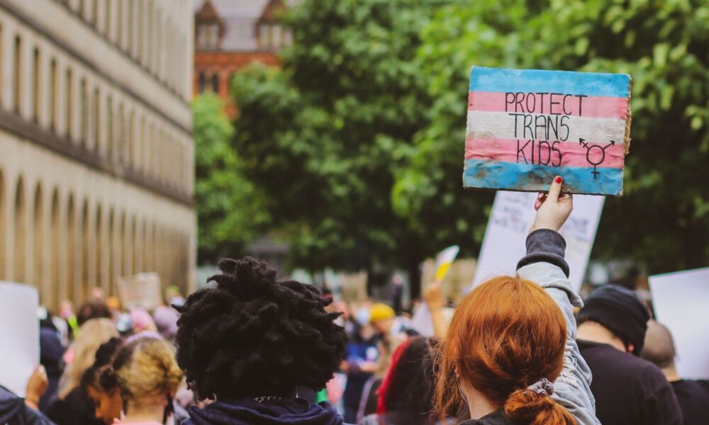 at a rally or protest, two people are foregrounded, facing away from the camera. One holds a sign painted with trans pride colors reading, "Protect trans kids."