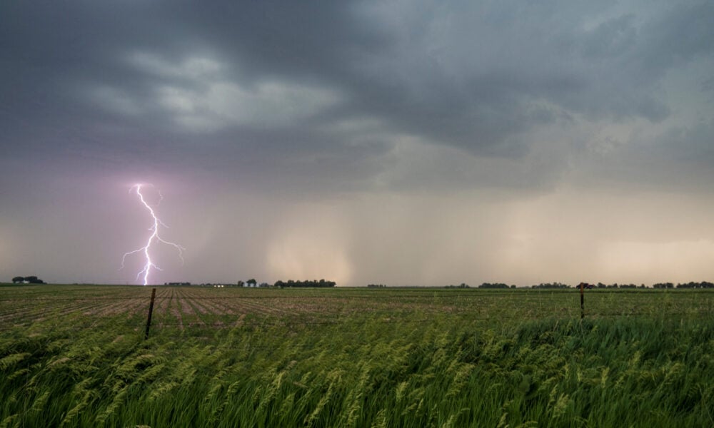 photo of a farm field with a storm in the distance; lightning is striking in the distance and rain appears to be falling on the horizon, where there is dim light below the dark clouds