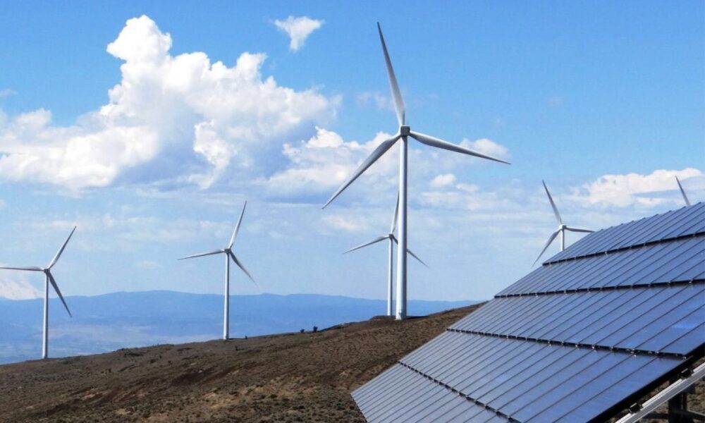 solar array and wind turbines