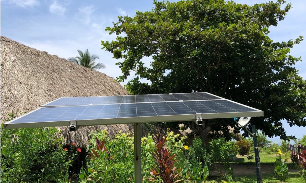 A solar panel reflects the sun in Tayrona National Park in Colombia.