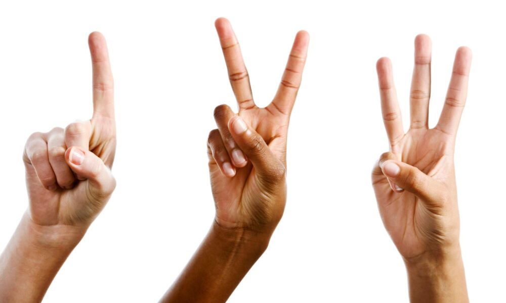 Three hands holding 1 finger, 2 fingers, 3 fingers.