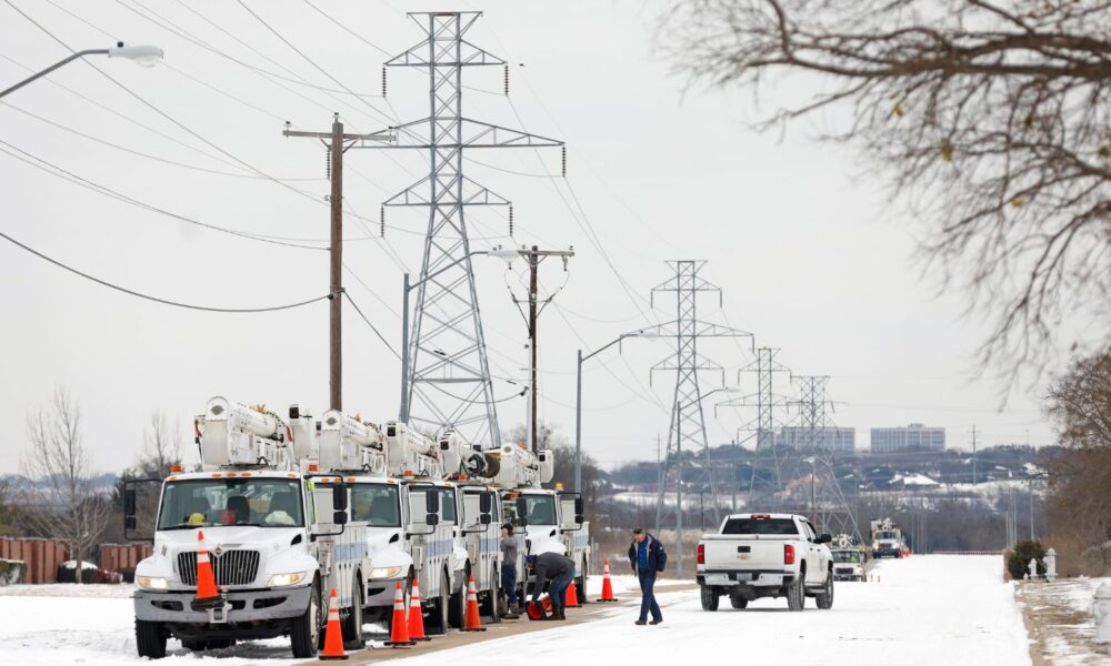 Pike Electric service trucks line up after a snow storm on February 16, 2021, in Fort Worth, Texas.