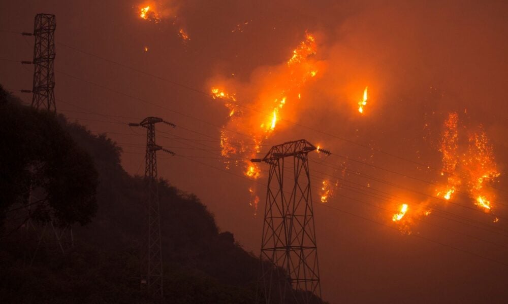California wildfire with transmission lines