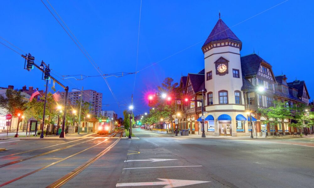 Trolley crossing intersection in Brookline, Massachusetts.