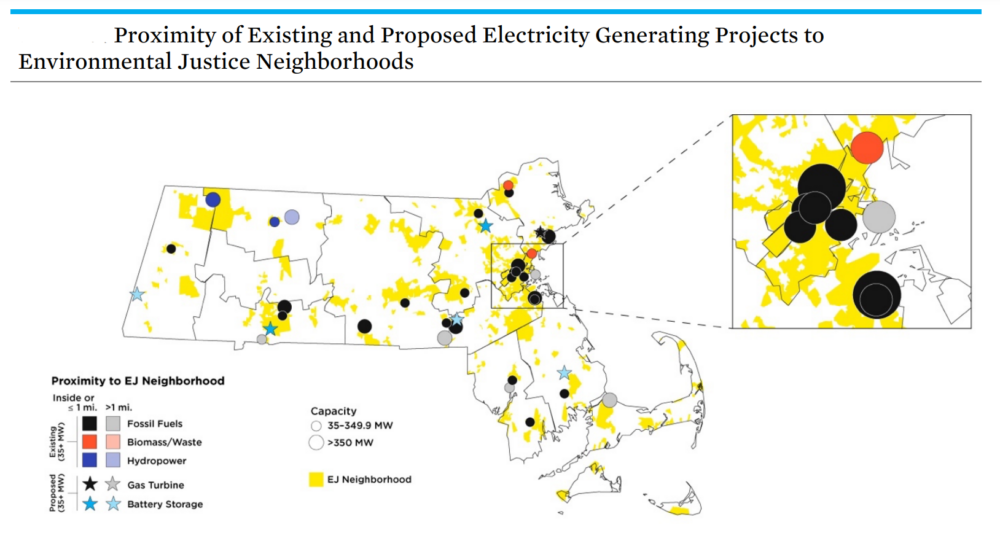 Map showing that over 80% of gas plants and fossil plants are within one mile of environmental justice communities in Massachusetts. Source: UCS.