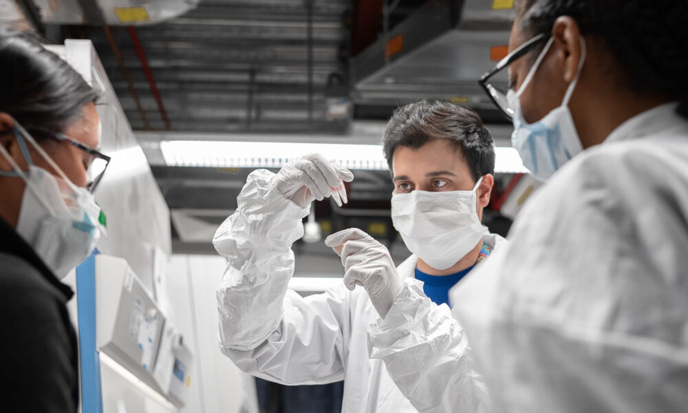 Scientists looks at COVID-19 samples in a lab.