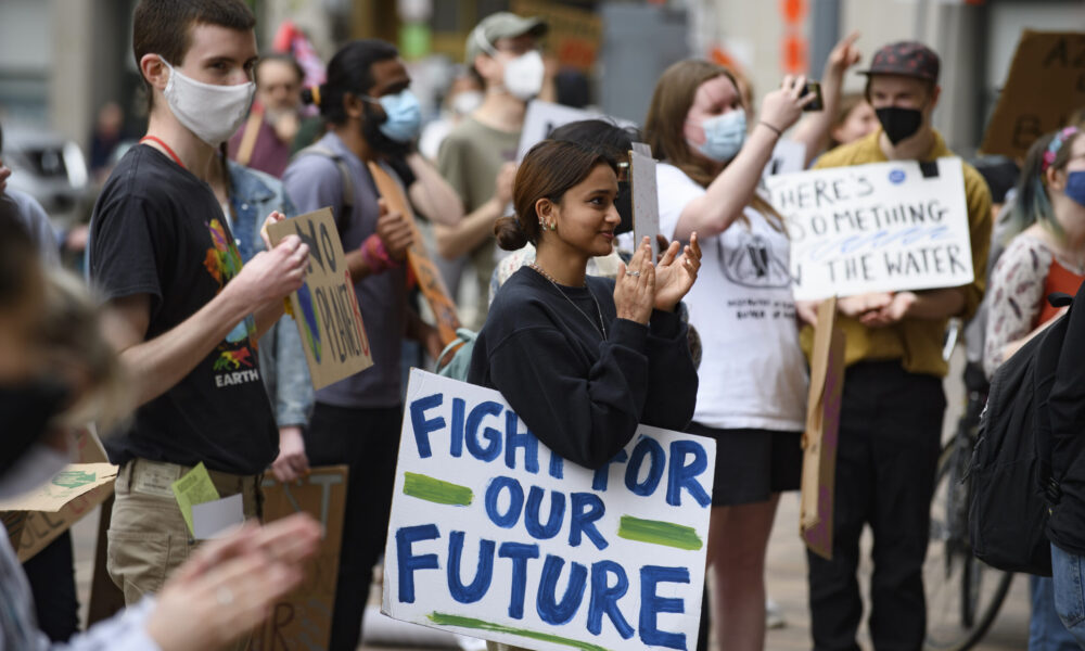 Attendees at a protest for transit justice.