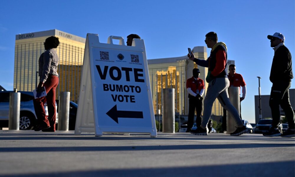 Voters line up to cast their ballots at Allegiant Stadium on November 05, 2024 in Las Vegas, Nevada.